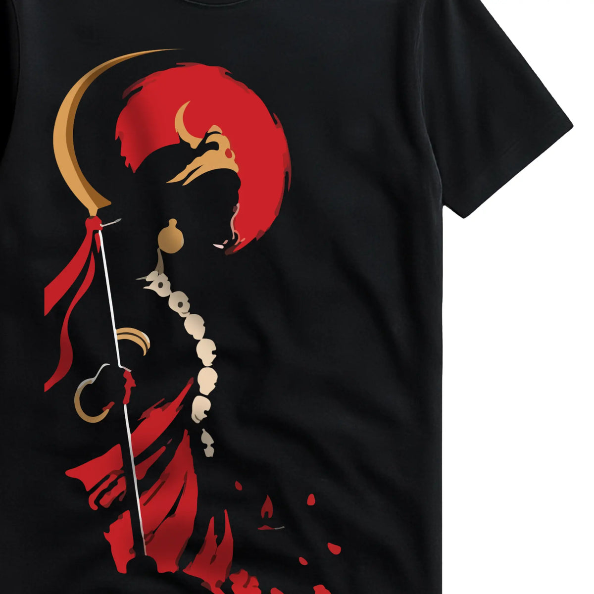 Close-up of the Kali Shakti Maa Kali graphic print on a black cotton T-shirt, red sun, gold crescent staff and skull garland