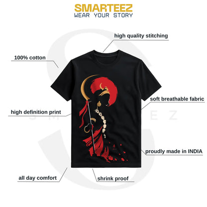 Kali Shakti black Bengali graphic T-shirt features: 100% cotton, soft breathable fabric, high definition print, high quality stitching, shrink proof, made in India