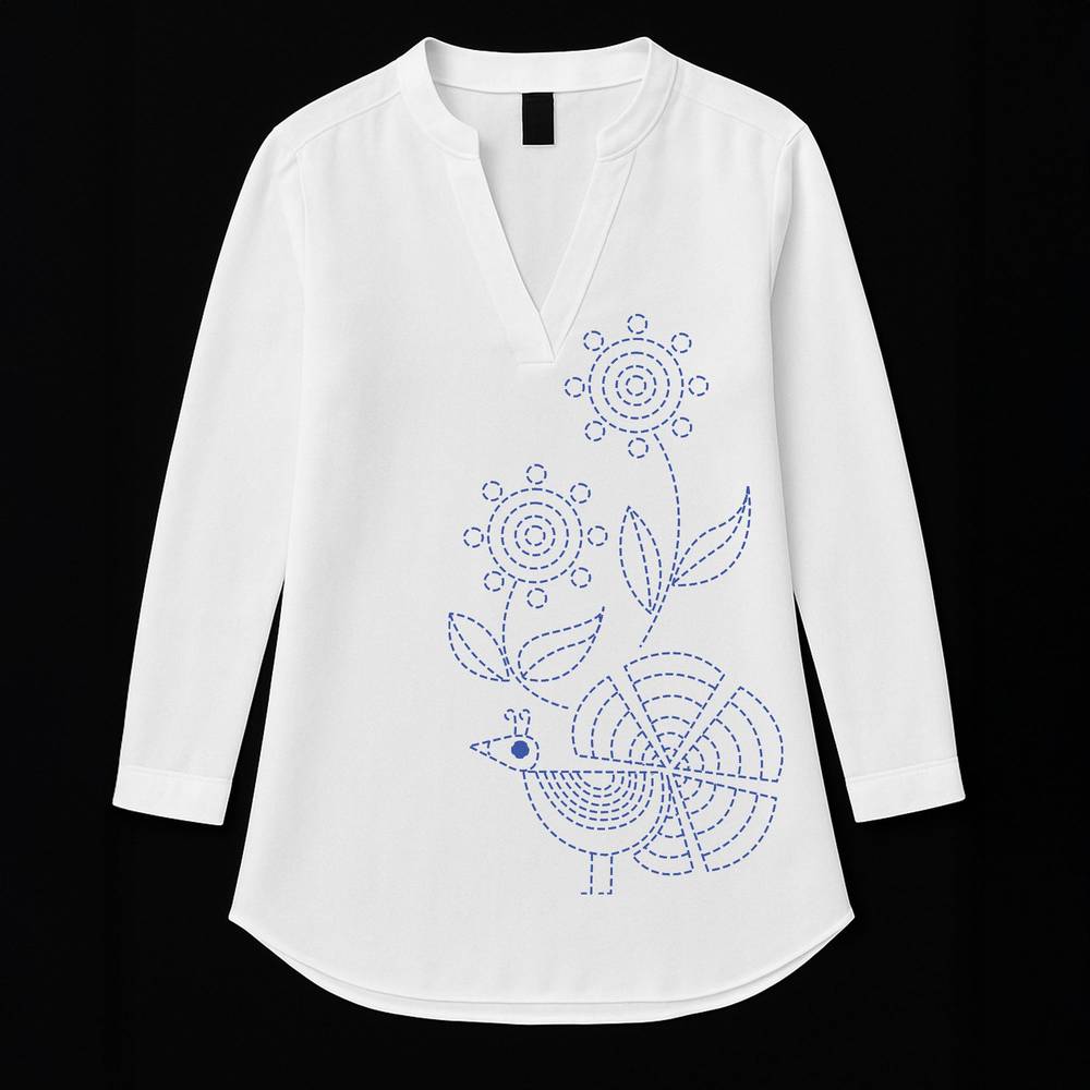 Bengali Heritage Kurti with blue Kantha stitch bird and floral motif on white fabric. Elegant tunic top for women in traditional embroidery style.