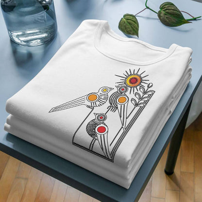 Bird T-Shirt - Kantha Stitch design featuring colorful Bengali folk art birds printed on folded white unisex cotton tee. Ideal for cultural fashion lovers.