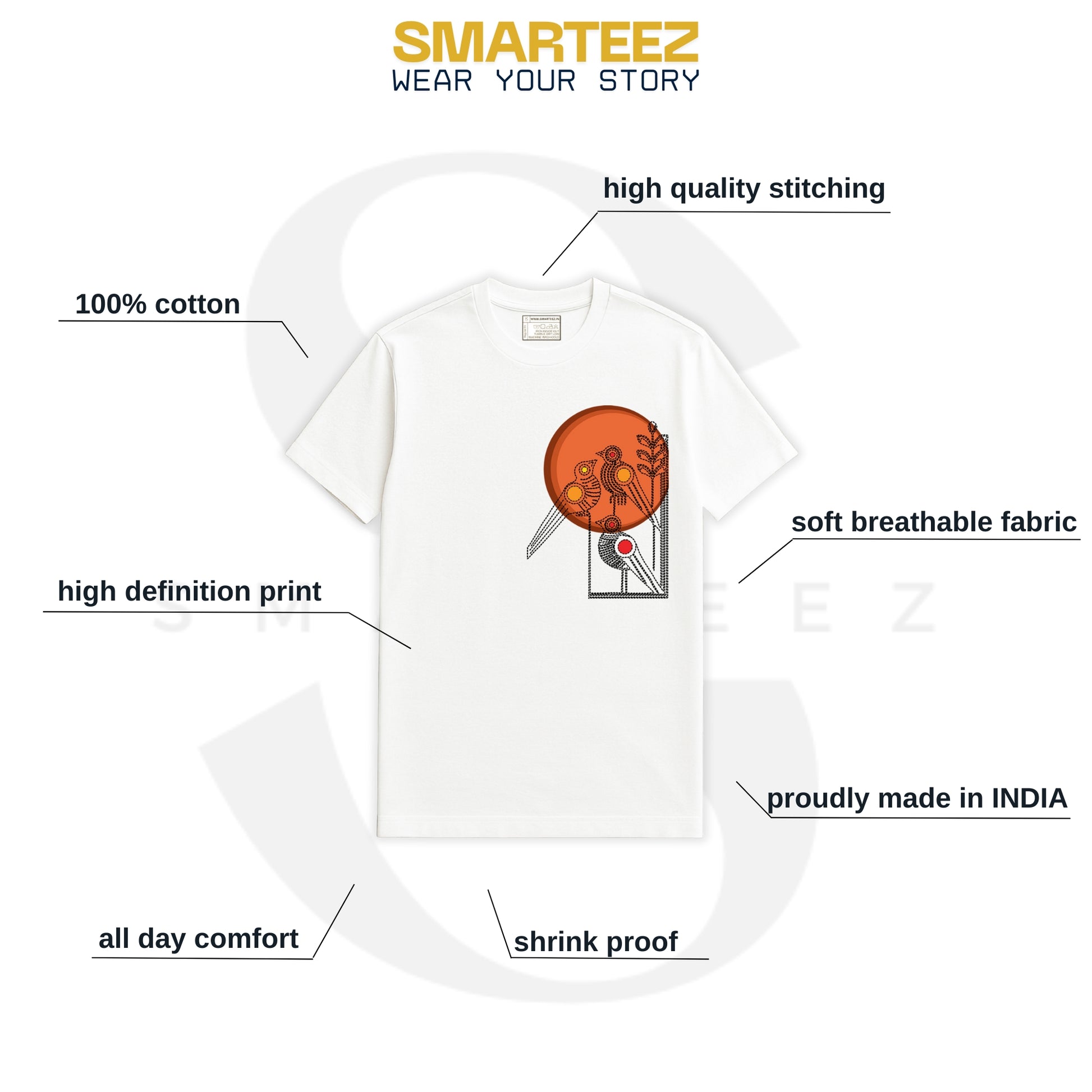 Kantha Stitch Inspired Bird T-Shirt – Bengali Folk Art Design (Unisex Fit Printed T-shirt)