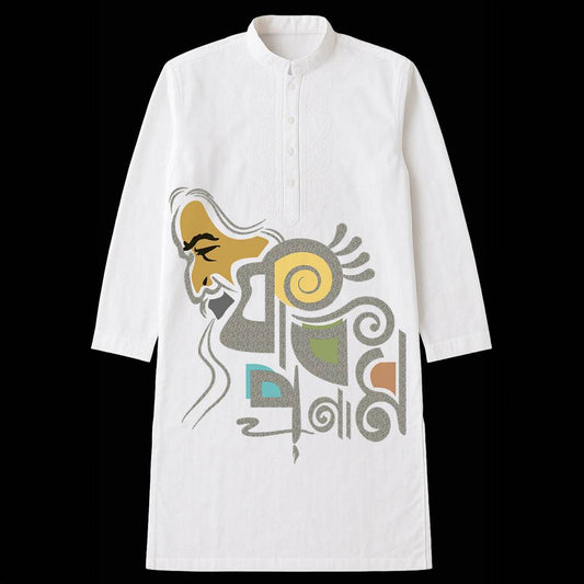 Kobi Pronam Kurta - Rabindranath Panjabi in white cotton with artistic Tagore profile and Bengali calligraphy, ideal for cultural events and festivals.