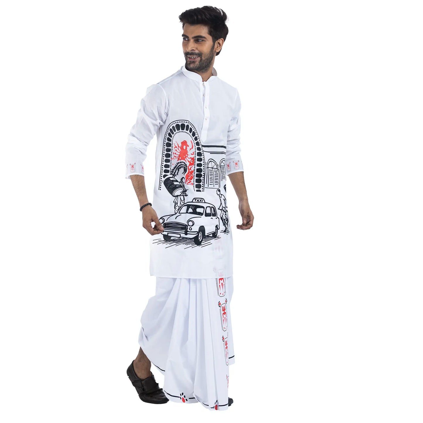 Man walking in white cotton Durga Puja panjabi with Kolkata street print — pandal arch, Ambassador taxi and rickshaw art — holding matching printed dhuti