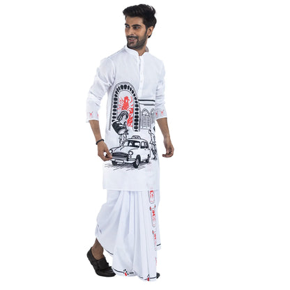Man walking in white cotton Durga Puja panjabi with Kolkata street print — pandal arch, Ambassador taxi and rickshaw art — holding matching printed dhuti