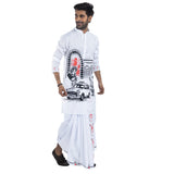 Man walking in white cotton Durga Puja panjabi with Kolkata street print — pandal arch, Ambassador taxi and rickshaw art — holding matching printed dhuti