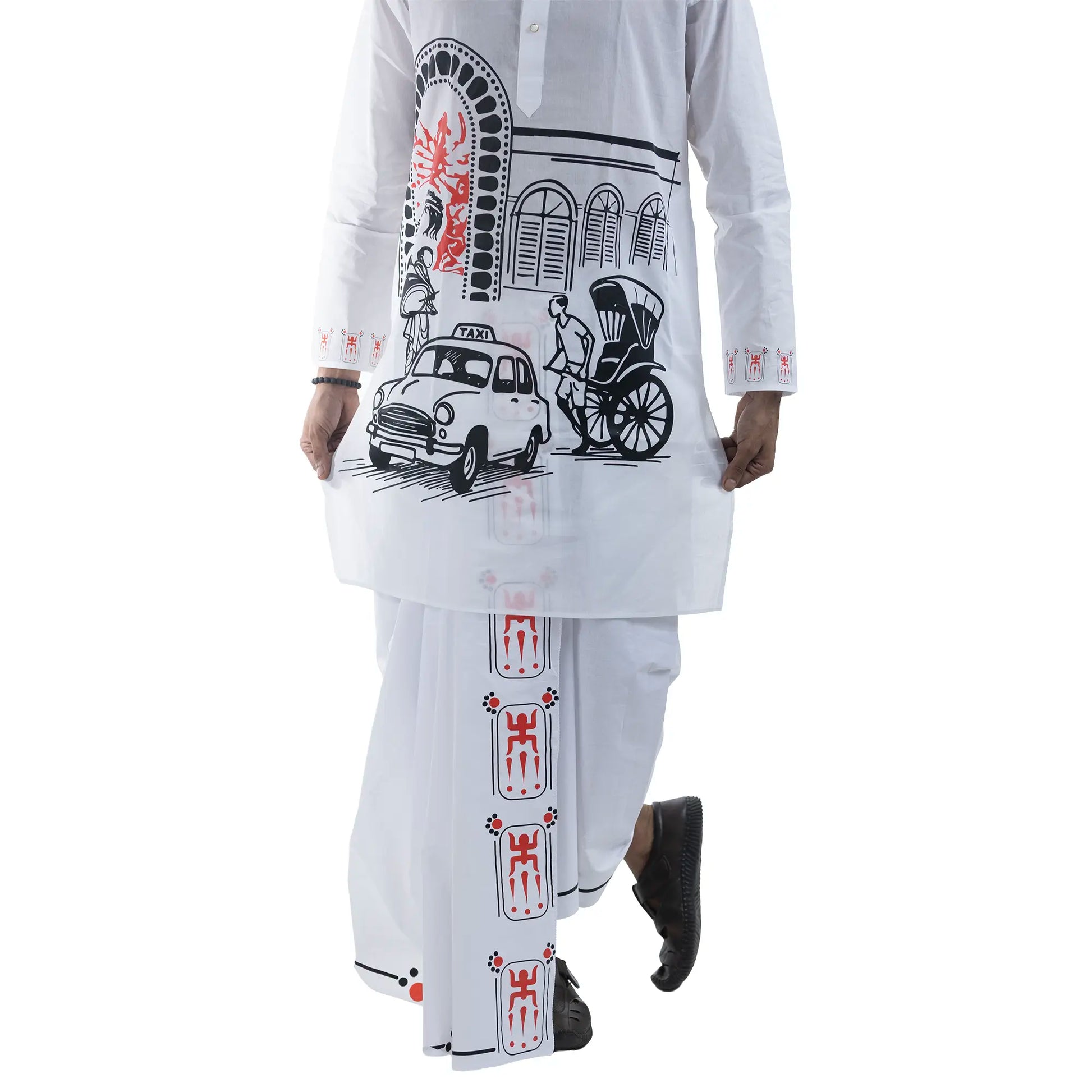 Side view of Durga Puja panjabi and dhuti set in white cotton with hand-drawn Kolkata pandal, taxi and rickshaw print — Bengali festive wear for men