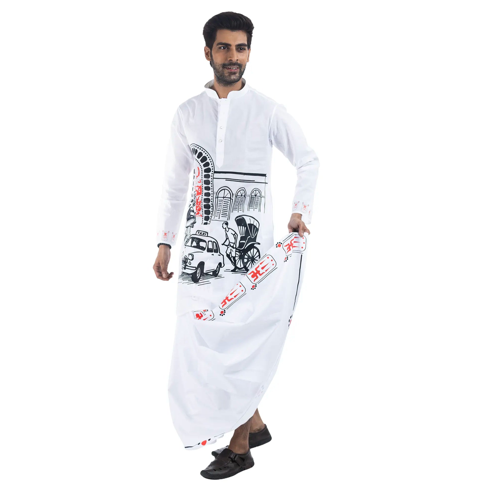 Man in full Durga Puja look — white cotton Kolkata print panjabi with matching dhuti, pandal and Maa Durga art — Bengali men's festive wear Pujo 2026