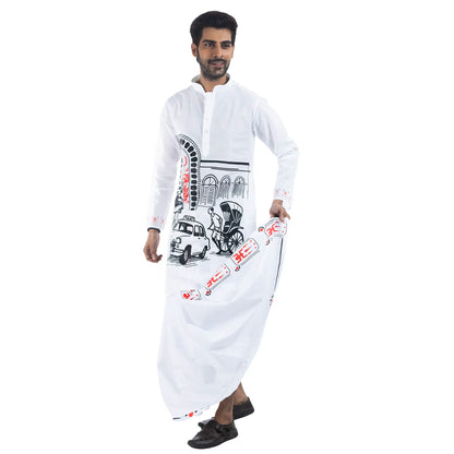 Man in full Durga Puja look — white cotton Kolkata print panjabi with matching dhuti, pandal and Maa Durga art — Bengali men's festive wear Pujo 2026