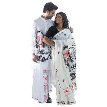 Kolkata Pujo Panjabi-Dhuti & Saree Set– Ambassador Taxi, Rickshaw & Pandal Art Print