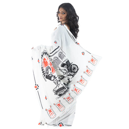Durga Puja Bengali saree with Kolkata pandal, Ambassador taxi and rickshaw print on white khadi cotton — back view with pallu spread showing Maa Durga arch
