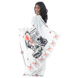 Durga Puja Bengali saree with Kolkata pandal, Ambassador taxi and rickshaw print on white khadi cotton — back view with pallu spread showing Maa Durga arch
