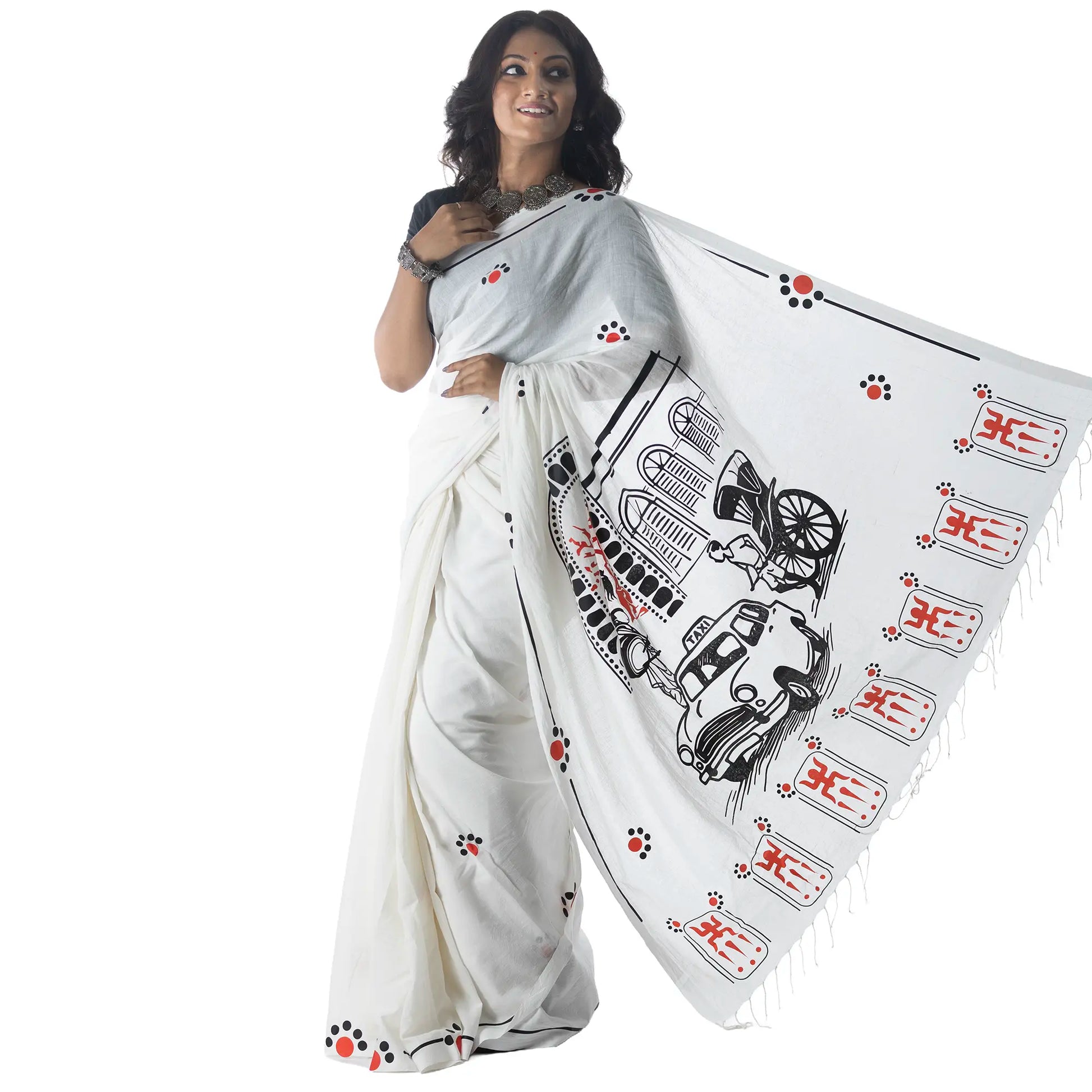 Woman in white Durga Puja Bengali saree fanning out pallu with hand-drawn Kolkata street art — taxi, rickshaw and alpona motif border with tassels