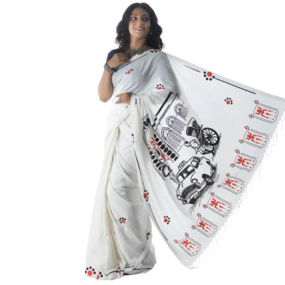 Woman in white Durga Puja Bengali saree fanning out pallu with hand-drawn Kolkata street art — taxi, rickshaw and alpona motif border with tassels