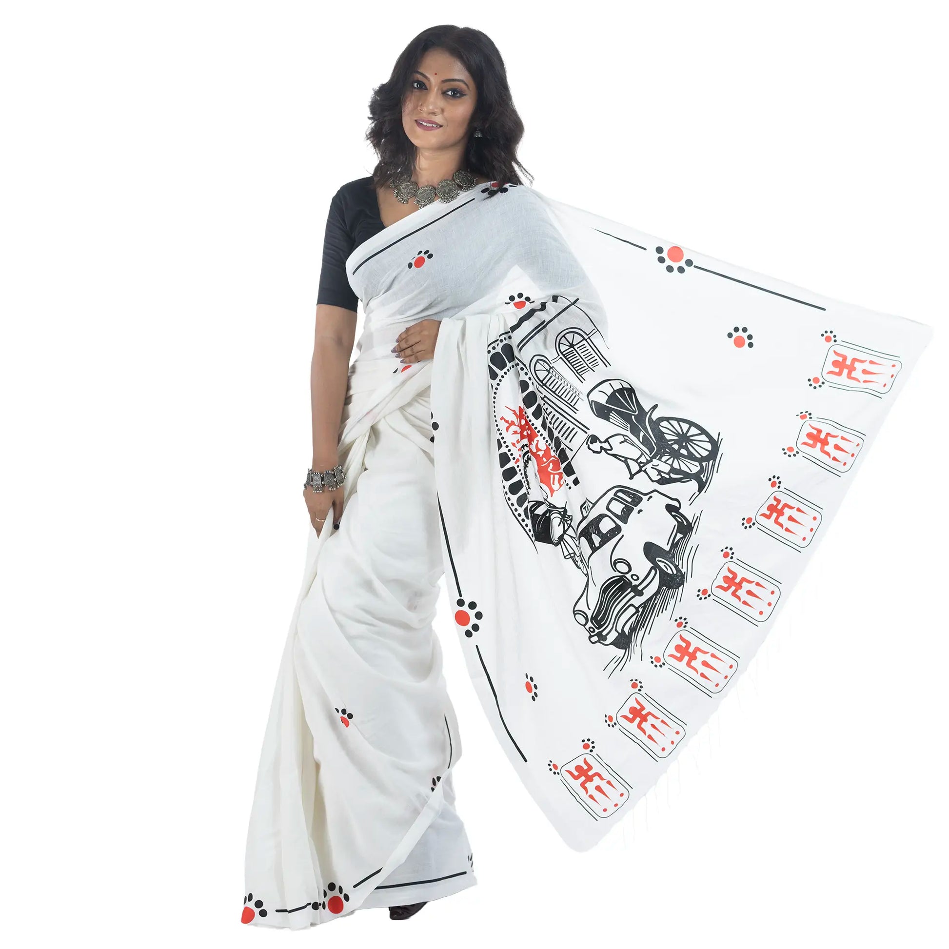 White khadi cotton Durga Puja Bengali saree styled with black blouse and oxidised silver jewellery — Kolkata pandal and taxi print pallu on display