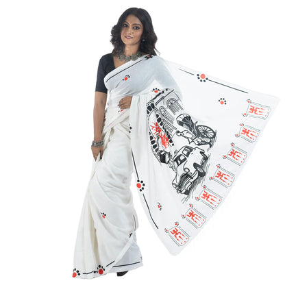 White khadi cotton Durga Puja Bengali saree styled with black blouse and oxidised silver jewellery — Kolkata pandal and taxi print pallu on display