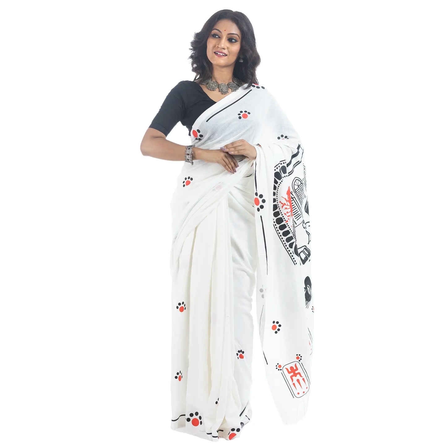 Front drape of Durga Puja Bengali saree in white khadi cotton with alta-dot body print and alpona border — Pujo 2026 Kolkata street art collection
