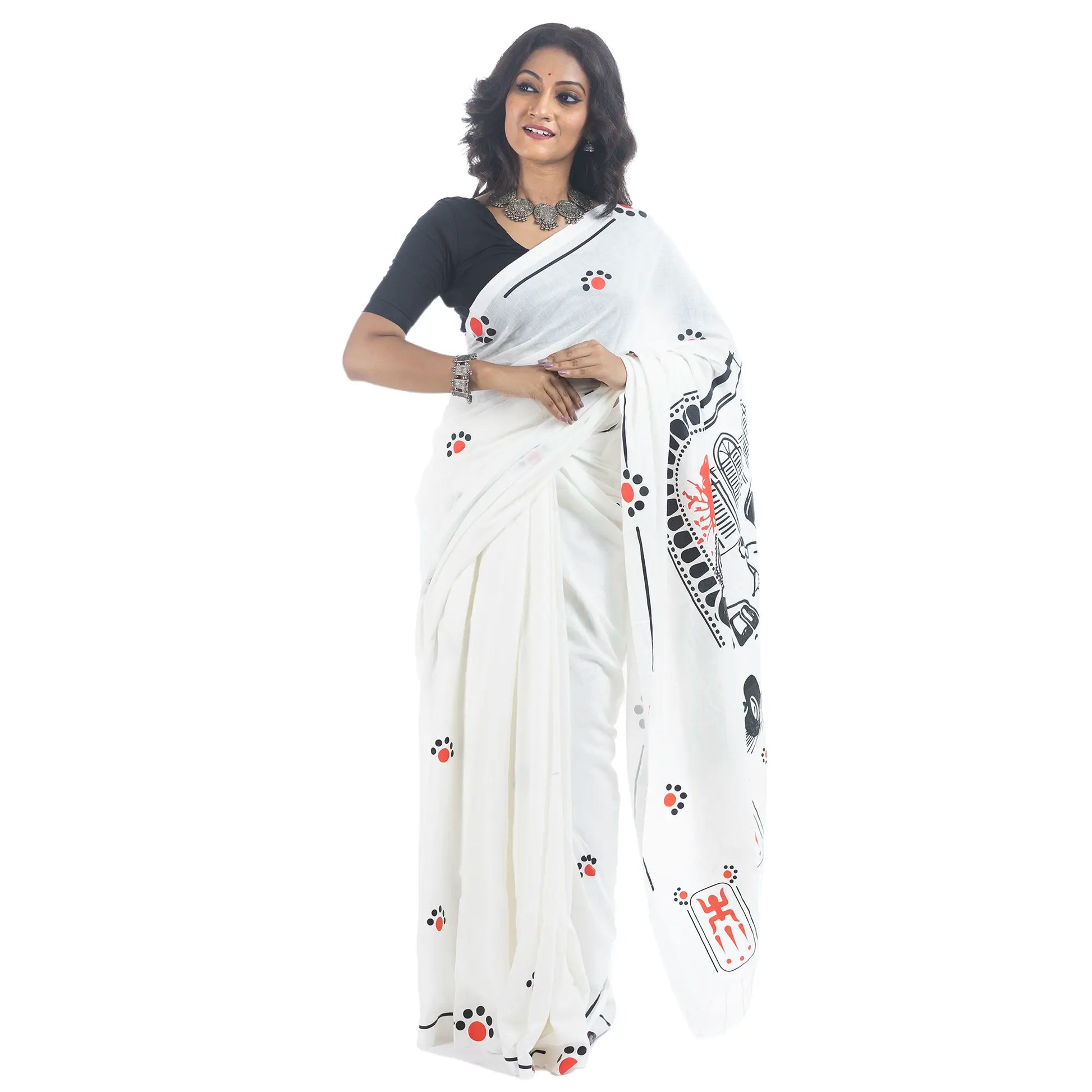 Front drape of Durga Puja Bengali saree in white khadi cotton with alta-dot body print and alpona border — Pujo 2026 Kolkata street art collection