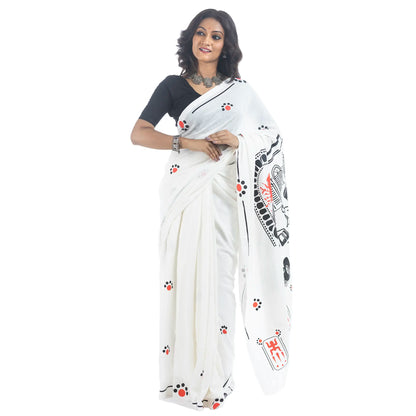 Front drape of Durga Puja Bengali saree in white khadi cotton with alta-dot body print and alpona border — Pujo 2026 Kolkata street art collection