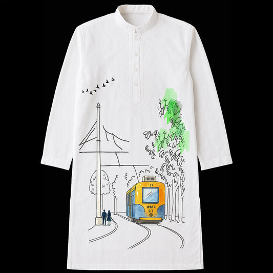 Kolkatar Dinguli - Kolkata Tram Panjabi features a watercolor-style yellow tram on a white 100% cotton kurta, ideal for cultural wear and city strolls.