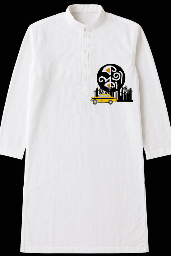 Heritage Kolkata Kurta Panjabi in white with bold cultural motifs including yellow taxi and Bengali script, ideal for festive or casual wear.