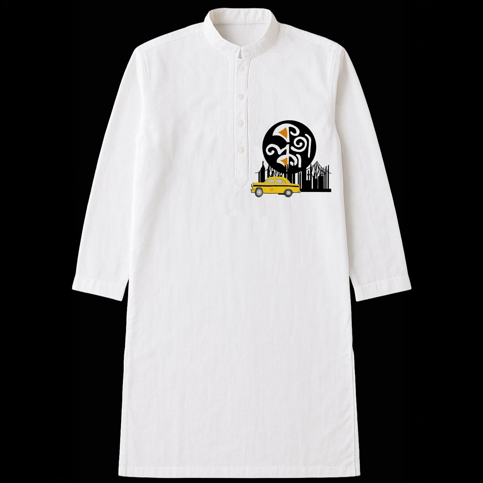 Heritage Kolkata Kurta Panjabi in white with bold cultural motifs including yellow taxi and Bengali script, ideal for festive or casual wear.
