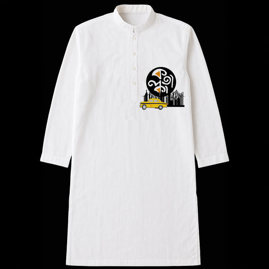 Heritage Kolkata Kurta Panjabi in white with bold cultural motifs including yellow taxi and Bengali script, ideal for festive or casual wear.