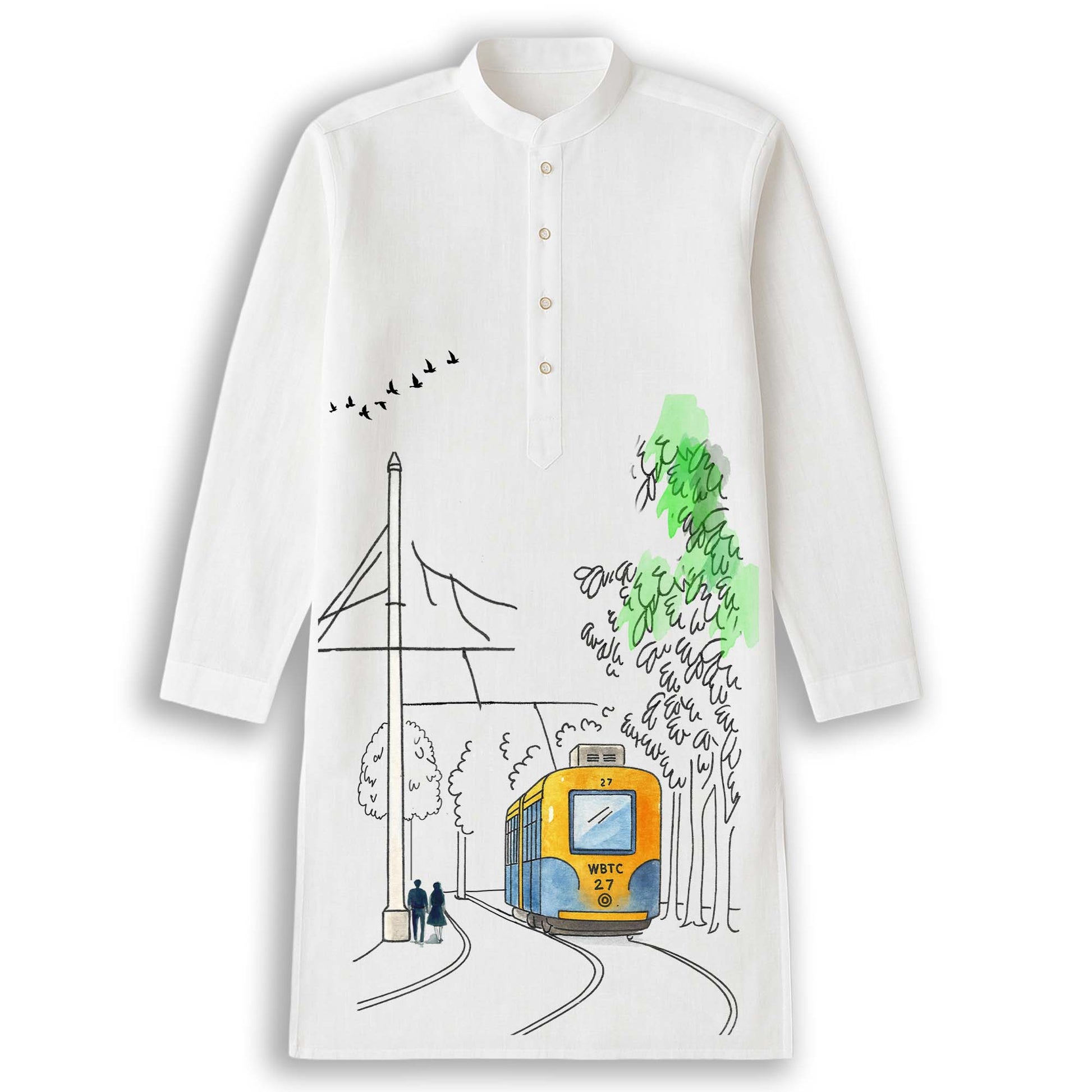 Kolkatar Dinguli – Vintage Tram Kurta in Watercolour Style