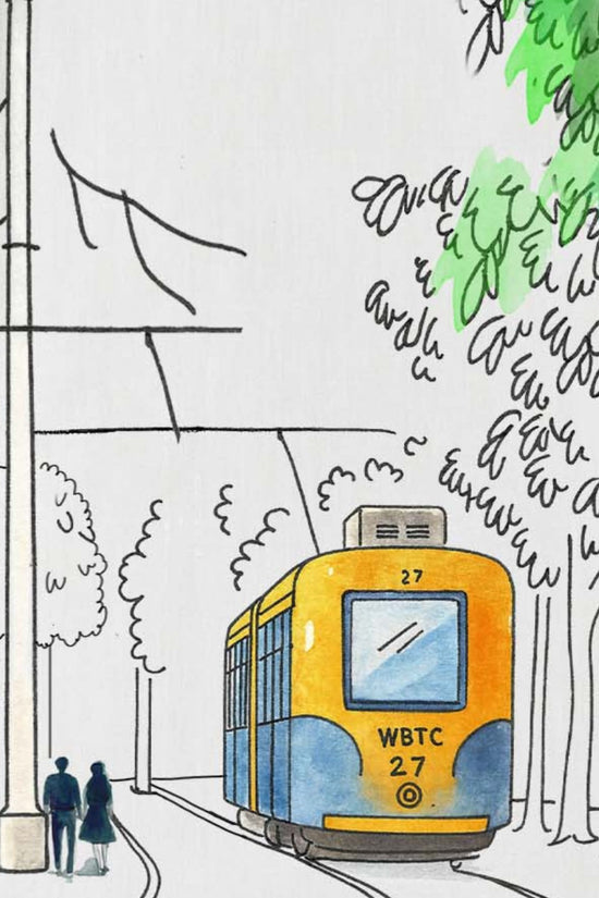 Kolkatar Dinguli – Vintage Tram Kurta in Watercolour Style