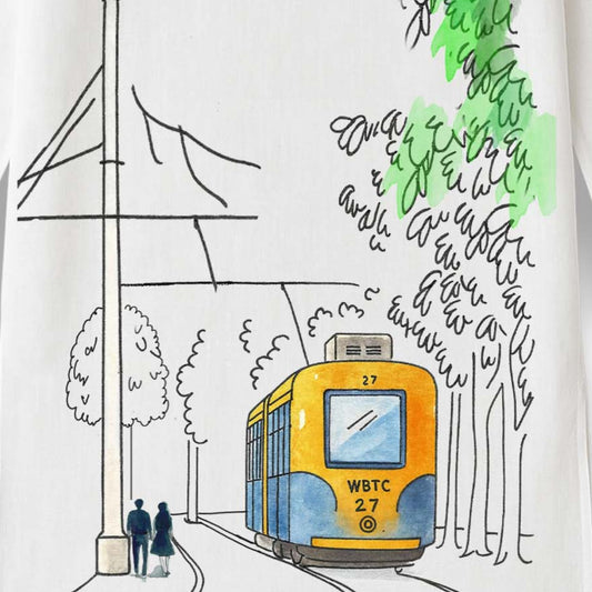 Kolkatar Dinguli – Vintage Tram Kurta in Watercolour Style
