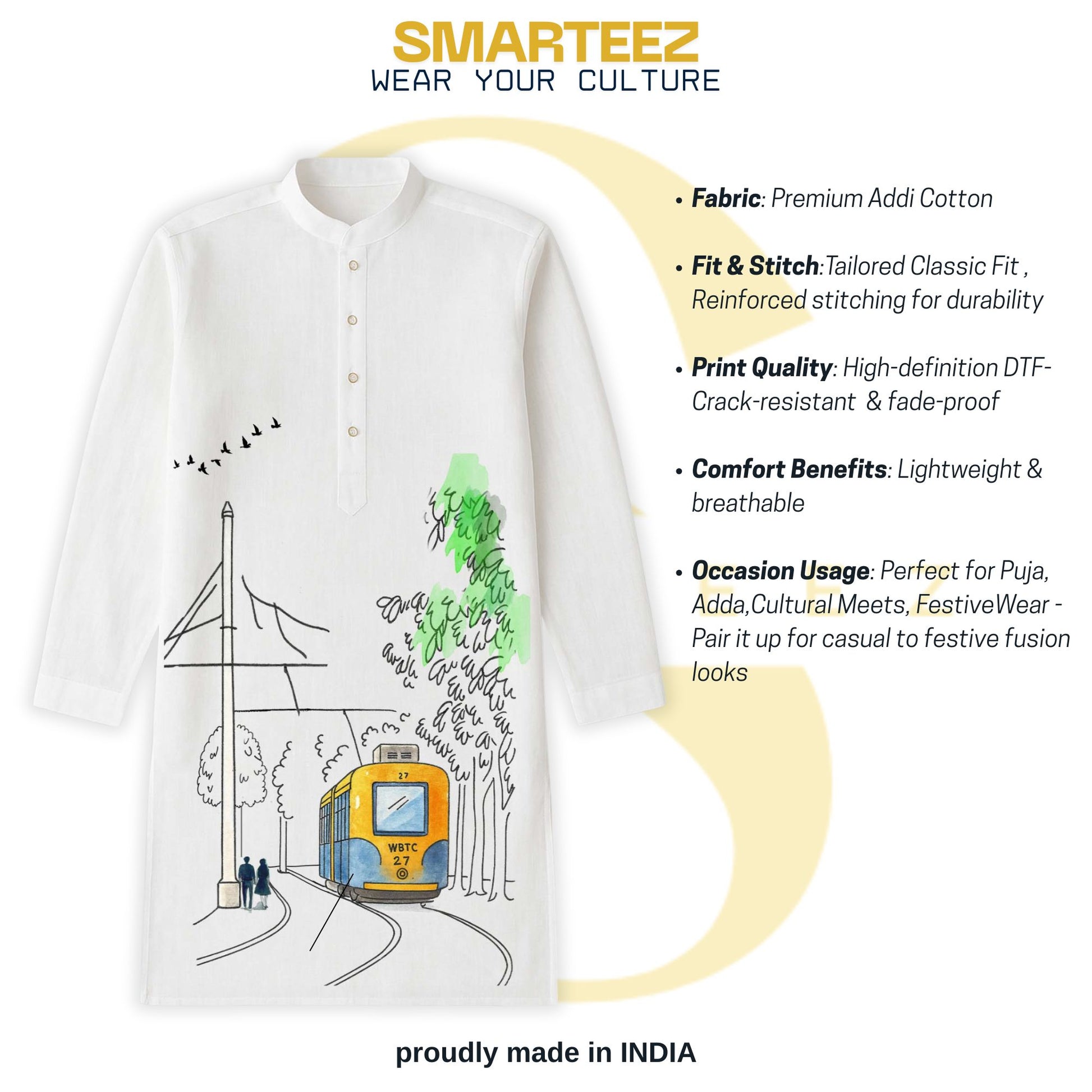 Kolkatar Dinguli – Vintage Tram Kurta in Watercolour Style