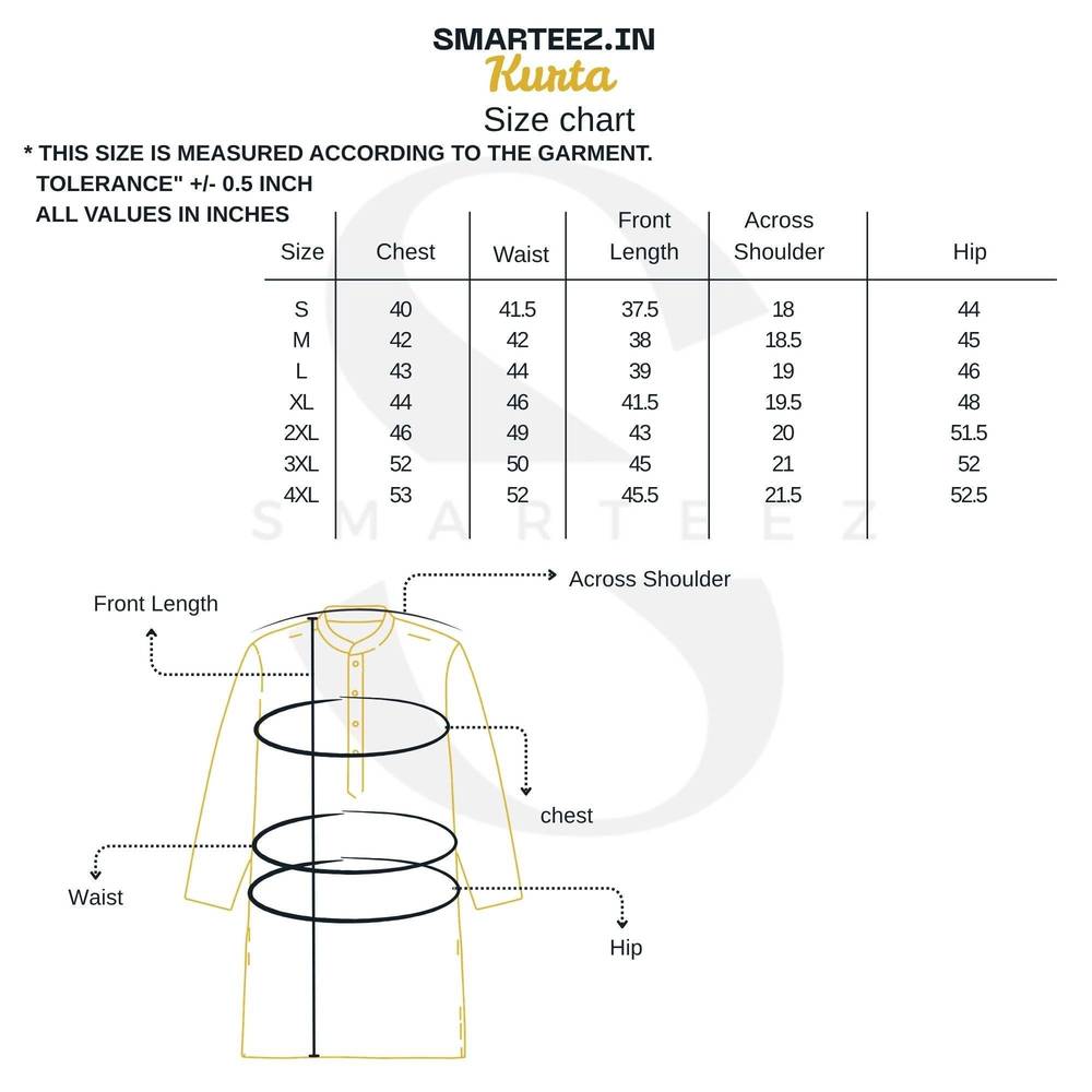 Size chart for Smarteez Panjabi / Kurta with measurements for chest, waist, front length, shoulder, and hip