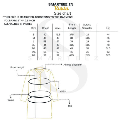 Size chart for Smarteez Panjabi / Kurta with measurements for chest, waist, front length, shoulder, and hip