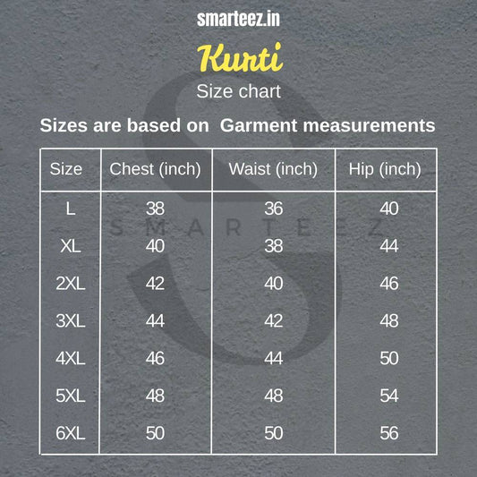 Size chart for Divine Gaze Kurti - Durga Eye Mandala Art, showing chest, waist, and hip measurements from L to 6XL for women.