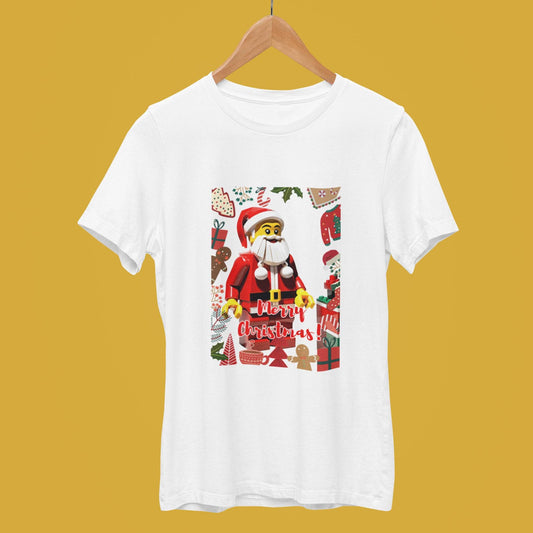 White unisex Lego Christmas T-shirt with festive Santa design.