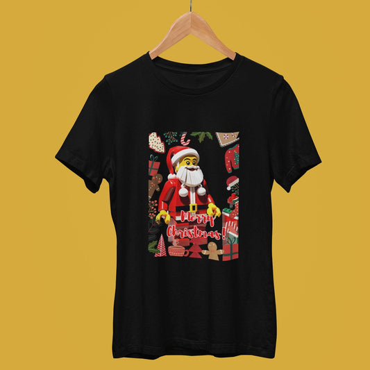 Black unisex Lego Christmas T-shirt featuring a cheerful Santa print.