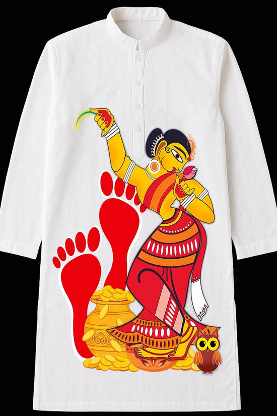 Mahalakshmi Kurta for men featuring Jamini Roy inspired Goddess Lakshmi artwork in red and yellow on white cotton, ideal for Diwali and cultural events.
