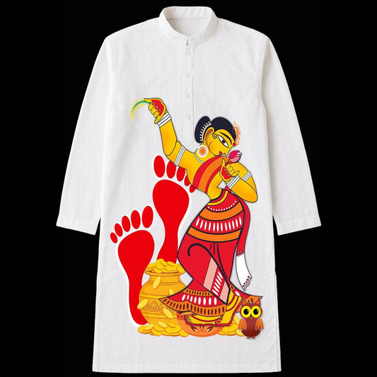 Mahalakshmi Kurta for men featuring Jamini Roy inspired Goddess Lakshmi artwork in red and yellow on white cotton, ideal for Diwali and cultural events.