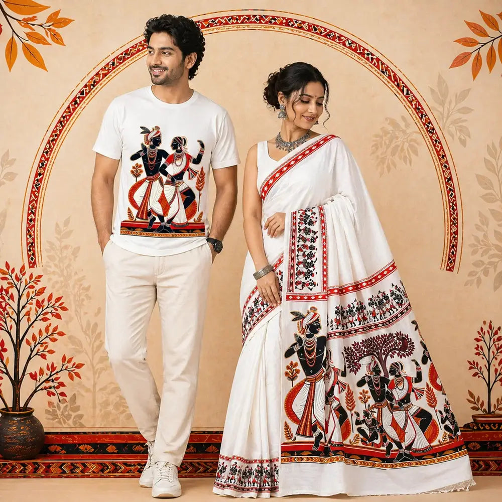 A Bengali couple wearing the Living Patachitra Collection — man in white cotton T-shirt printed with Patachitra folk dance figures, woman in white handloom khadi saree with Kalpavriksha and village festival procession print — standing against a warm ochre Patachitra art background. Wearable Bengali Heritage by Smarteez.