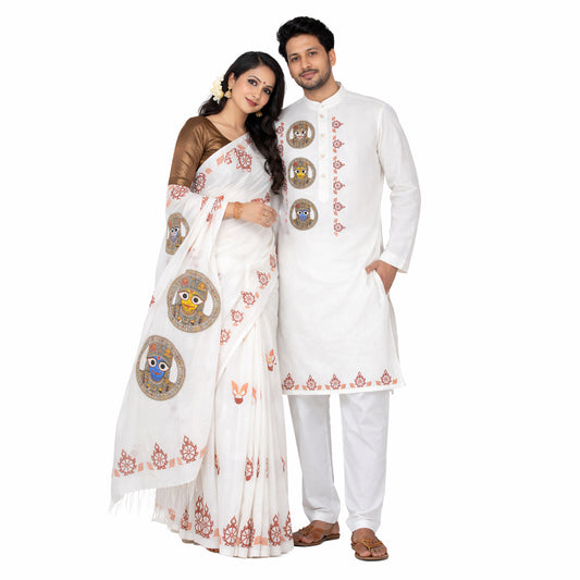 Jagannath Trinity Couple Combo – Khadi Cotton Saree & Panjabi Set (HD Printed)