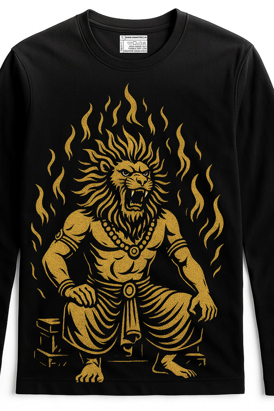 Narasimha T-Shirt - Graphic Long Sleeve | Unisex Comfort featuring a bold gold illustration of Lord Narasimha on black cotton fabric, ideal for spiritual wear.