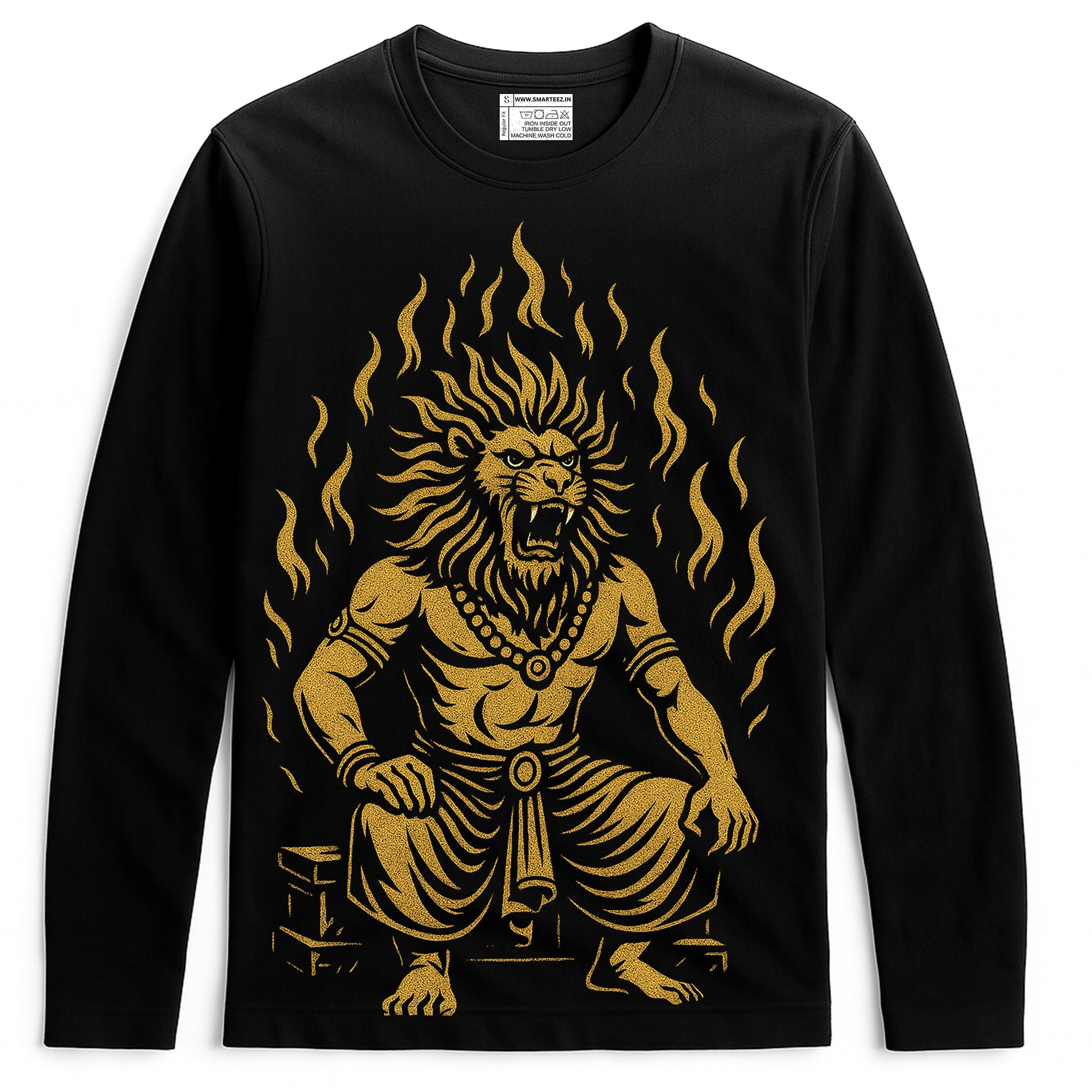 Narasimha T-Shirt - Graphic Long Sleeve | Unisex Comfort featuring a bold gold illustration of Lord Narasimha on black cotton fabric, ideal for spiritual wear.