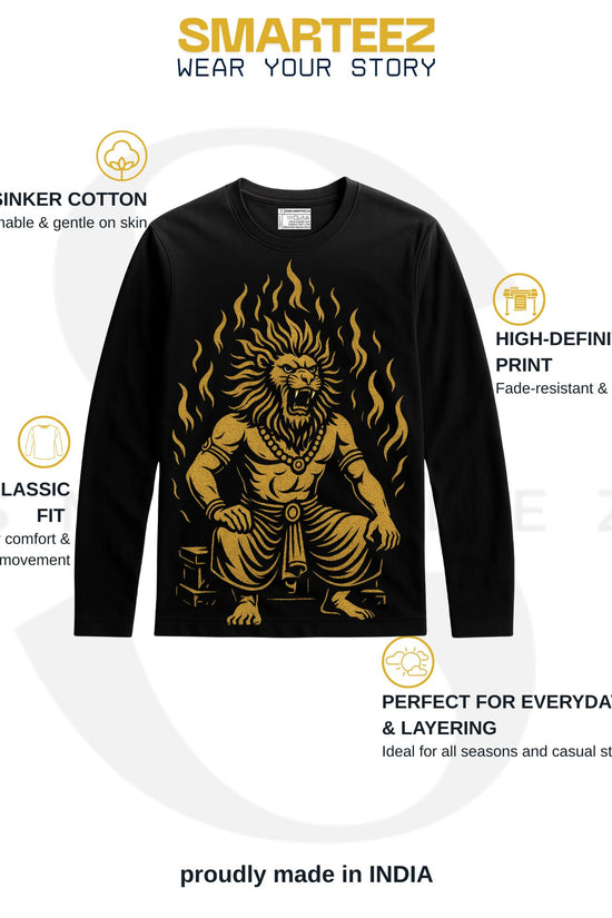 Narasimha T-Shirt - Graphic Long Sleeve | Unisex Comfort featuring a bold gold deity print on black cotton, full sleeves, ideal for spiritual wear.