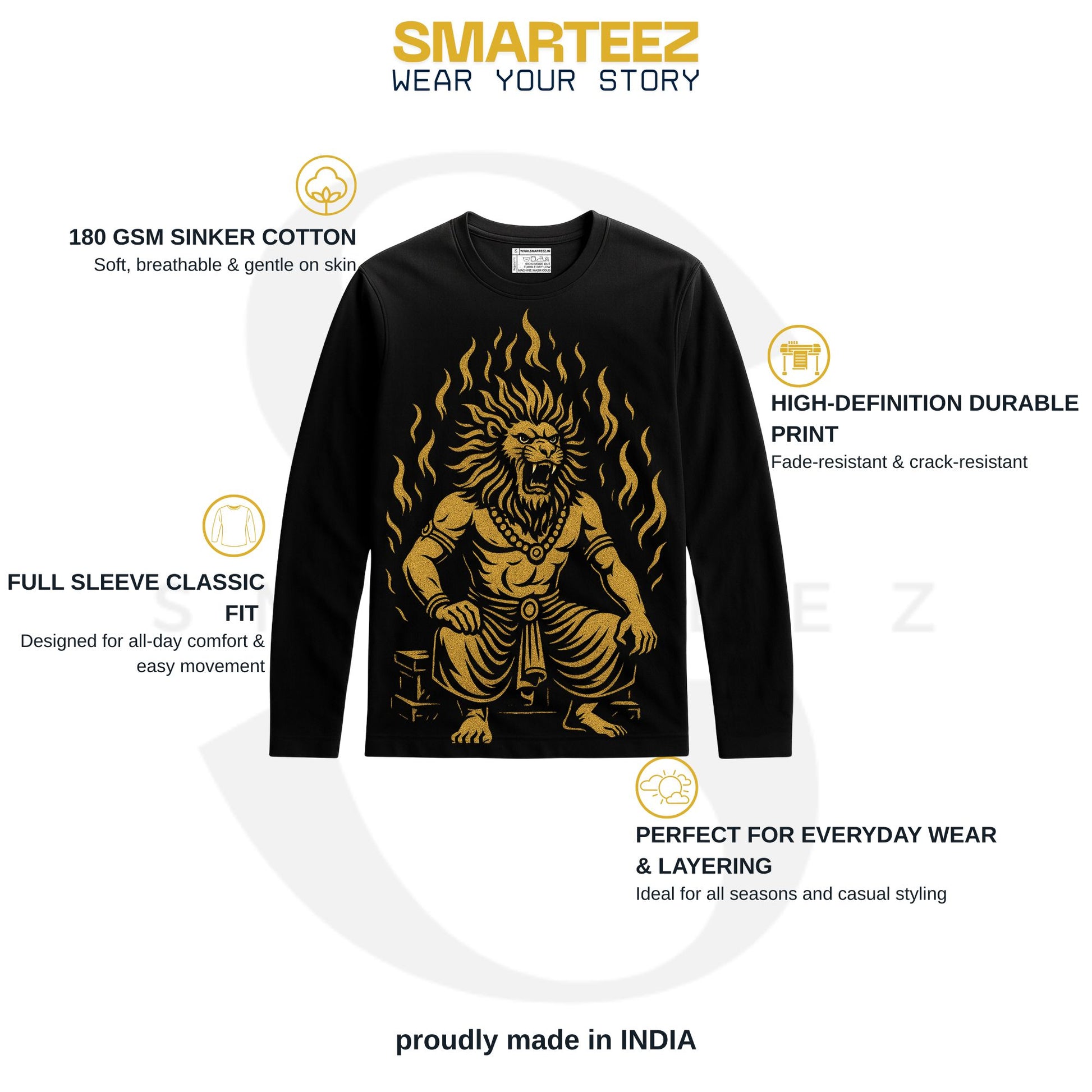 Narasimha T-Shirt - Graphic Long Sleeve | Unisex Comfort featuring a bold gold deity print on black cotton, full sleeves, ideal for spiritual wear.