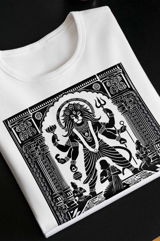 Lord Narasimha art tee featuring a bold black and white graphic of the deity in a temple setting. Spiritual unisex cotton t-shirt for divine protection.