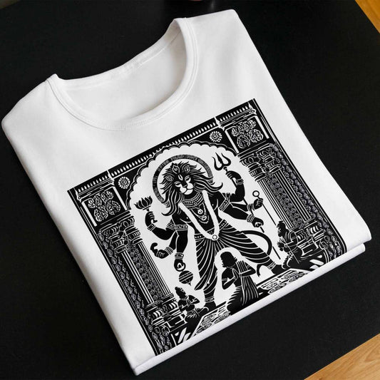 Lord Narasimha art tee featuring a bold black and white graphic of the deity in a temple setting. Spiritual unisex cotton t-shirt for divine protection.