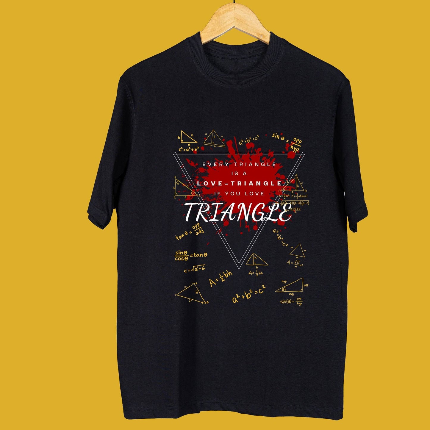 Black Love Triangle oversized unisex T-shirt displayed on a hanger, featuring witty triangle-themed typography and design.