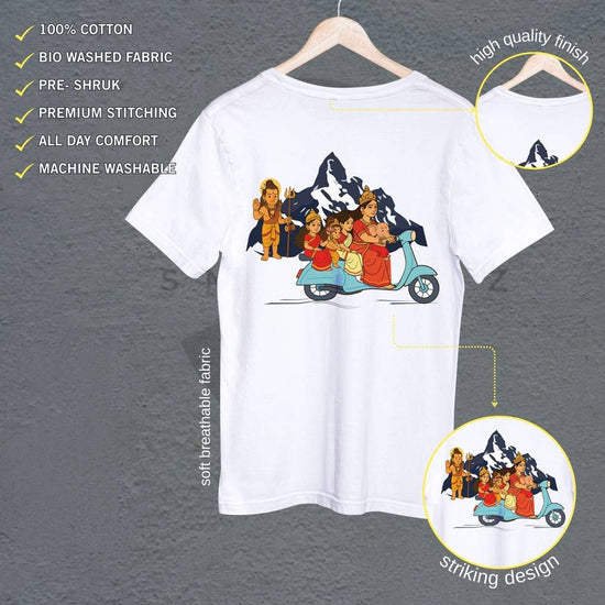 Maa Durga T Shirt - Scooting With Kids features a quirky print of goddess Durga riding a scooter with children, perfect for Durga Puja celebrations. Unisex regular fit tee made of soft, breathable cotton with premium stitching and bio-washed fabric.