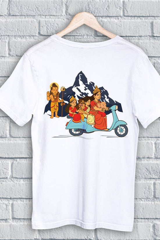 Maa Durga T Shirt - Scooting With Kids features a cartoon of Maa Durga riding a scooter with her children against a mountain backdrop. Unisex regular fit tee ideal for Durga Puja celebrations.