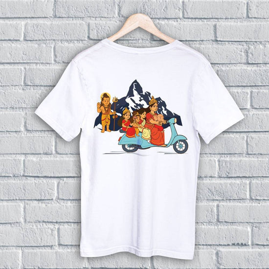 Maa Durga T Shirt - Scooting With Kids features a cartoon of Maa Durga riding a scooter with her children against a mountain backdrop. Unisex regular fit tee ideal for Durga Puja celebrations.