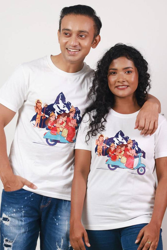 Unisex Maa Durga T Shirt featuring quirky scooter design with kids, perfect for Durga Puja celebrations in soft white cotton fabric.